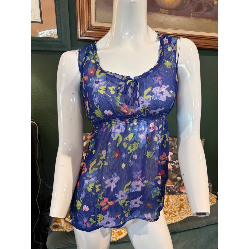 Garage Blue Floral Empire‎ Waist Babydoll Top Sheer Sleeveless Blouse Large